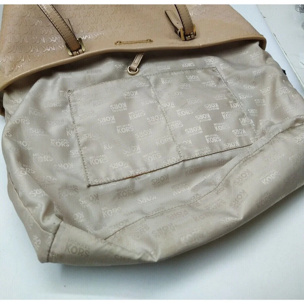 Michael Kors Beige Coated Canvas Leather Trim MK Printed Double Handles Tote Bag